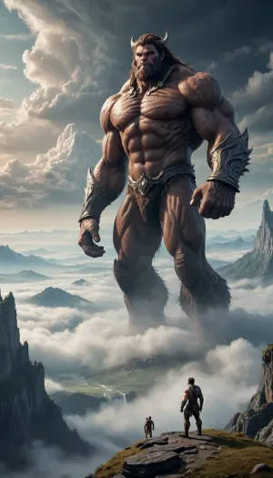magnificent landscape, a titan, a giant beast, towering above the valley, above the clouds, fantasy, epic, awe-inspiring grandeur