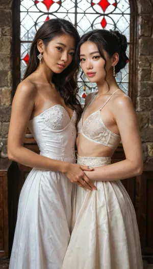 Asian lesbian wedding party with two nude tan Thai brides, they are in a small wedding chapel at noon during August with light streaming in to the chapel from two stain glass windows on either say of the chapel walls, flat, chested, <lora:flat_chested_v3.5:.8>