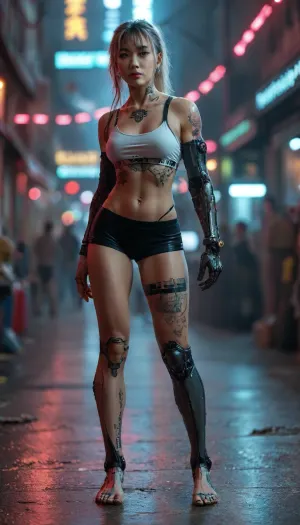 ((Asian cyborg girl:1.5)), (robotic ear, robotic left arm with pink lights, robotic leg with blue lights, robotic feet with green lights), many leg tattoos, many thigh tattoos, arm sleeve tattoo, neck tattoo, many face scars, many leg scars, many body scars, many piercings, bellybutton piercing, (30B perky human breasts), blue eyes, pink lips, platinum hair in high ponytail cyberpunk city, tongue out, (sexy standing pose), wearing white sports bra, wearing black tight shorts, <lora:MJ52:.5>, <lora:BUT_SDXL_SHS:1>, <lora:289505_training_data:1>, <lora:add-detail-xl:1>, <lora:DetailedEyes_V3:1>