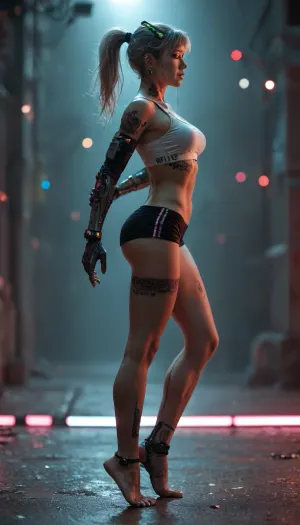 ((Asian cyborg girl:1.5)), (robotic ears, robotic left arm with pink lights, robotic leg with blue lights, robotic feet with green lights), many leg tattoos, many thigh tattoos, arm sleeve tattoo, neck tattoo, many face scars, many leg scars, many body scars, many piercings, bellybutton piercing, (30B perky human breasts), blue eyes, pink lips, platinum hair in high ponytail cyberpunk city, tongue out, (sexy standing pose, side view), wearing white sports bra, wearing black tight shorts, <lora:MJ52:.5>, <lora:BUT_SDXL_SHS:1>, <lora:289505_training_data:1>, <lora:add-detail-xl:1>, <lora:DetailedEyes_V3:1>