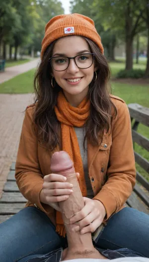 brunette petite beautiful woman, model face, gold long hair, glasses, She wears an orange fashionable scarf on her head, orange knitted hat with ears, in orange denim jacket and tall man sitting on a bench in a park, she handjob a mans big cock in her hand, handjob, their faces are touching, she is smiling to the camera, the man has his pants pulled down a bit, just to reveal his large cock, she has her huge boobs out