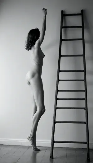 A minimalistic black-and-white nude study of a model arching over an old metal ladder, one foot on highest rung, torso parallel to floor, hard side lighting for bold contrast and graphic shadow patterns, shot with a 50mm lens at f/1.4 for extreme separation of subject, ultra-detailed rendering of skin creases and ladder texture, ––v 5 ––q 2, <lora:Realistic_People_V1:1.1>, BadX