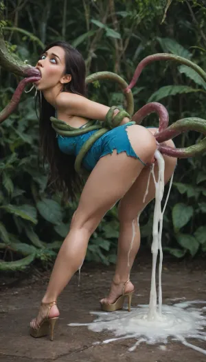 full body, full frontal, tropical flowers garden, woman being raped in ass and pussy by a thick tentacles, legs apart, mini dress, tan pantyhose, very high platform heels, clear cum dripping from ass, face down ass up, ((excessive long natural hair)), ((painful expression)), shocked expression, ((ripped clothes)), large ass, perfect pussy, gaping ass, gaping pussy, ((view from side)), (((excessive cum in her ass))), (blushing:1.1), (((screaming:1.1))), (((wide-eyed:1.1))), excessive thick cum, cum, ((vaginal fuck by thick tentacle)), ((anal by thick tentacle)), ((deepthroat by thick tentacle)), clear cum flows down her legs, erection, sex, dark green tentacles, cockhead, large, (((excessive cum in her cunt))), masterpiece, realistic, best quality, full color picture, 8K quality, side view