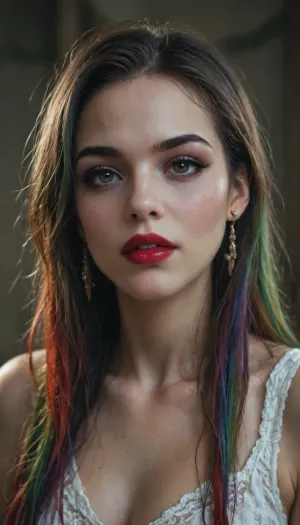 18 year old vampire sisters, very long black and rainbow hair, red lipstick, black eyeliner, black eyelashes, black eyeshadow, <lora:Halloween_Series_Scary_Vampire-000009:.8>, <lora:Stunning_eyes_2:.8>, <lora:Dead_Beauty:.8>