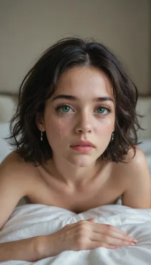 young 18 years old slender slut., ((green eyes)), crying, black hair, in bed
