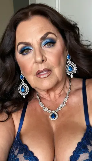 old granny mature, sexy 70 years, dark brunette, long wave hair, tan skin, very glamour, huge hoop earrings, necklace, heavy make up, very strong blue make up on eyes, very chubby curvy, tiny little tits, at the fancy room, selfie face focus, looking at the camera, sexy naught orgasm screaming cum face, charming, very hot and horny, blue/white sexy bra lingerie