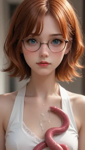 redhead slim, young, freckles, glasses, tentacles, covered in cum, tiny