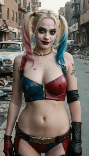((smile 18yo harley quinn vaginal fuck at destroyed post-apocalyptic street, siy on dick, pointing pistol)), reverse cowgirl, sagging, breasts, deagle, <lora:margot_lora_sdxl_v1-000006:.7>, <lora:sagging-000015:.6>, <lora:383440_training_data:.5>
