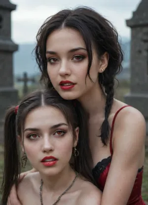 (((two 18 year old vampire girls))), midevil, glowing red eyes, black eyeshadow, sad face, closed mouth, one with black hair with rainbow hair, pigtails, red lipstick, vampire, vampire teeth, K-9 fangs, in a dark graveyard, bound in chains, pale skin, pale, skin, <lora:Pale_Skin_SDXL_v1.0:.8>, supermodel, face, big, lips, <lora:Beautify-Supermodel-SDXL:.8>, <lora:ahxl_v1:.8>, Subspecies, style, <lora:Subspecies style:.8>