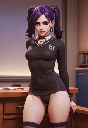 Video game character design, (((Beautiful sexy slutty goth schoolgirl slut bending over teachers desk))), ((wearing school sweater)), ((wearing tight very very very short skirt and no panties)), (no underwear), (no panties), (bottomless:1.2), (upskirt:1.3), stockings, black boots, classroom, (upskirt view), (goth makeup1.5), 8k, ultra detailed, attractive, 18 years old, pigtails, picture taken with DSLR camera, (large boobs:1), perfect pussy, realistic pussy, high detail pussy, shaved pussy, (full body in view), straight hair, pretty eyes, video game graphics, 3d design, 3d graphic, 3d anime, cartoon, Anime, zenless zone zero graphics style, genshin impact graphics style, stylized shader, 3d anime videogame shader, perfect hands, perfect fingers, stylized, very detailed, detailxl, ForniteStyle, arcane, style, zenless zone zero, overwatch, <lora:sxz-texture-sdxl:1>, <lora:OWStyleYeiyeiArt-8:.7>, <lora:arcane_style_xl_v1:1.2>