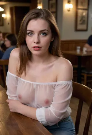 A young, pale-skinned chick with long, straight, reddish-brown hair is chilling at a wooden table in a cozy, dimly lit café. She's rocking a white, off-the-shoulder transparent white blouse and sipping on a Guinness beer. She has blue eyes, dark eyebrows, small natural tits, thick waist, wide hips, big ass, mouth slightly open, dull look, chubby, The place has black-and-white checkered floors, comfy wooden chairs, and some folks in the background are deep in conversation. Nighttime, seethru, <lora:seethruv3_SDXL:.3>