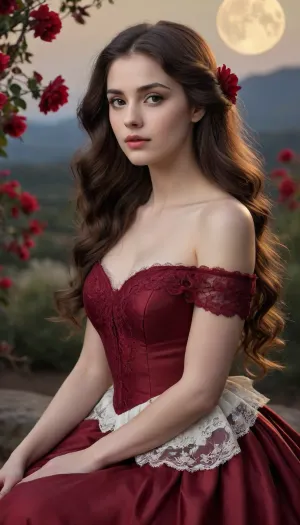 Full-length portrait of a young woman with long, dark, flowing hair, detailed in a romantic style. Caucasian, likely in her late teens to early twenties. She wears a deep crimson, off-the-shoulder dress with lace detailing at the bodice. The dress has a voluminous, flowing skirt. Her expression is melancholic, slightly pensive, with a downward-cast gaze. Her body language suggests quiet contemplation. Her nails are a deep crimson, matching her dress. Her skin is smooth and pale, contrasting against the rich color of her dress and dark hair. The hair is meticulously detailed, with loose waves and soft highlights. Small, red flowers adorn her hair. The backdrop features a large, luminous full moon that dominates the composition. The moon is a soft, creamy yellow-white, with subtle gradients and highlights. The surrounding environment is a deep night sky, heavily saturated with dark and dusky reds. Crimson hues and dark shadows create a dramatic and atmospheric mood. The composition is a three-quarter view from the viewer's perspective, placing emphasis on the subject's profile. Detailed lighting focuses on the subject, with soft light reflecting on her hair and dress. The overall style suggests a digital painting, with a realistic depiction of human form and intricate detail. The style is ethereal and romantic, with a hint of gothic undertones. Dramatic, artistic lighting and a strong focus on texture and form define the image.