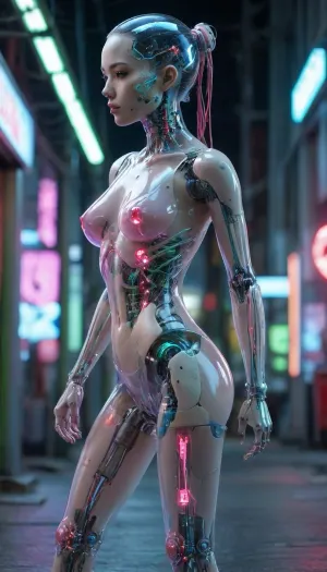 zoomed out full body portrait, ((Asian cyborg girl with partial transparent skull with visible wires and red plasma inside her skull:1)), human face with many scars looking to the side with long platinum wires hanging from the head, robotic skeleton with pink lights and green lights and blue lights, walking on cyberpunk street showing robotic feet, showing ass looking back, side view showing breast, show robotic feet with lights under feet, <lora:PAseer-SDXL-Transparent Robot:.5>