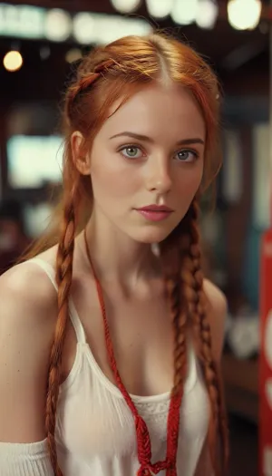 Ginger model in a Kissing_Booth, petite, skinny, (white tanktop), (air_jordans), athletic socks, (toned), long red hair in a braid, seethru, <lora:MJ52:.8>, <lora:seethruv3_SDXL:.2>