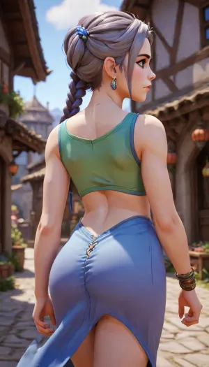 a small young elf, rear view, 18 years old, long gray hair, braid, green earrings, wearing a beautiful blue short-sleeved dress, her big breasts pressed against the dress, the bottom of the dress lifted up, revealing her ass and transparent thong, with a shaved vagina, pubic area, from the side, in a medieval village market, video game graphics, 3d design, 3d graphic, 3d anime, cartoon, Anime, zenless zone zero graphics style, genshin impact graphics style, stylized shader, 3d anime videogame shader, perfect hands, perfect fingers, stylized, very detailed, detailxl, ForniteStyle, arcane, style, zenless zone zero, overwatch, <lora:sxz-texture-sdxl:1>, <lora:OWStyleYeiyeiArt-8:.7>, <lora:arcane_style_xl_v1:1.2>