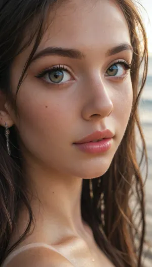 (((Very petite young girl))), smirk, side view, ((portrait lanina girl)), (((very black straight hair))), (very long hair), close-up girl, upper body, (big eyes), perfect tight body, shiny sweaty skin, shaved smooth pussy, standing in the Maldives, beach, ocean, bright sun rays, (makeup:1.2), ((wide hips)), ((narrow waist)), (tanned skin:1.8), ((big lips)), ((oiled skin)), (((pimples moles all over the body))), (ultra realistic:1.3), (maximum quality:1.3), (high resolution:1.3), (extreme detail:1.3), (ultra realism:1.3), (maximum detailed skin:1.3), (((long big thick black eyelashes))), (((eye contact sexy look model)))