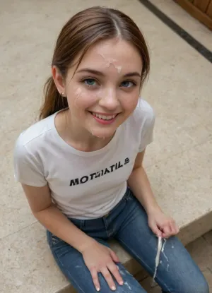 (Full lateral motion view from above:3), Petite skinny pale 18yo spanish woman in a sauna, (cumshot facial, mouthful of cum:2.1), wet t-shirt after piss session, cumplay with fingers and tongue, kneeled, wet redhead ponytail hair, tanlines, very wet skin, detailed blue eyes, (slightly smiling:2), tight jeans, adidas snickers, NEGATIVE_HANDS, from below, flat, chested, <lora:add-detail-xl:2>, <lora:flat_chested_v3.5:.8>, <lora:piss_in_mouth_deepmind:.8>