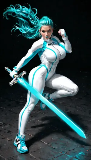 white bodysuit, white racing suit, tall and muscular and voluptuous woman, wearing a full body white textured suit and carrying a glowing sword, neon aqua hair pulled back into one braided high ponytail made out of energy, braided high ponytail made out of energy, large breasts, large buttocks, neon aqua eyes, neon aqua lips, tan skin, beautiful face, hyper detailed face, neon aqua hair, dynamic pose, swirling neon aqua colored energy and aura, sword fight with an alien demon, fight, full body view