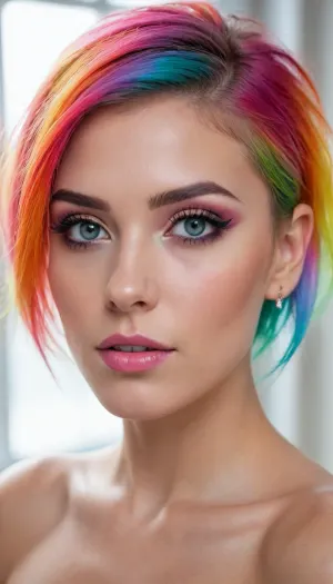 ziprealism, score_9, score_8_up, 1girl, (smug, expressive eyes), (rainbow hair, multicolor hair, eye catching hairstyle), (rainbow eyeshadow, rainbow eyeliner, vivid lipstick, heavy eyeshadow, shimmering eyeshadow), (cheek dimples, sharp chin, chiseled cheekbones, triangular face), (hyper-feminine facial features), (intimate esthetic, tight closeup, award winning portrait, Dutch Angles), (sharp focus, focus on eyes, perfect eyes), catchlights, detailed eyes, sitting in front of window, streaming sunlight, off the shoulder, natural skin texture, soft bokeh, <lora:add-detail-xl:.8>