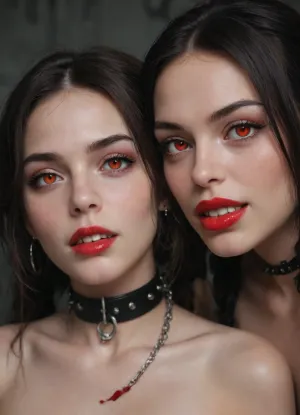 (((two 18 year old vampire girls))), midevil, glowing red eyes, black eyeshadow, sad face, closed mouth, one with black hair with rainbow hair, pigtails, red lipstick, blood dripping out of the corners of the mouth, vampire, vampire teeth, K-9 fangs, in a dark graveyard, bound in chains, doggie collar, pale skin, pale, skin, <lora:Pale_Skin_SDXL_v1.0:.8>, Subspecies, style, <lora:Subspecies style:.8>, Perfect, Fangs, fangs, sharp, teeth, fang, <lora:Unfazed vampire - XL SDXL V1.0:.8>, <lora:Mistress_of_the_night-000016:.8>