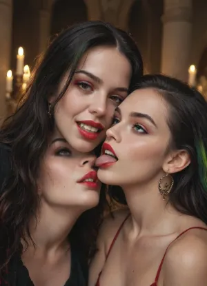 (((two 18 year old zombies girls))), one with black hair with rainbow hair, red lipstick, vampire, vampire teeth, in a castle, sucking blood, doungeo