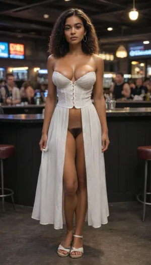 (1 female:1.6), ((young female:1.6), (olive skin:1.6)), ((wild pubic hair)), (big breasts), ((white:1.6), corset, maxi dress, sandals), (posing like an erotica model), (nightclub), sweaty skin, toned, full-length photo, 70mm lens, aesthetic, symmetrical, muscular, athletic, sharp, textured skin, perfect body, goosebumps, detailed, slim, small waist, <lora:chest_adjust:1.8>, <lora:breasts_slider_v10:1.8>, <lora:289505_training_data:1>, <lora:HandFineTuning_XL:1.8>