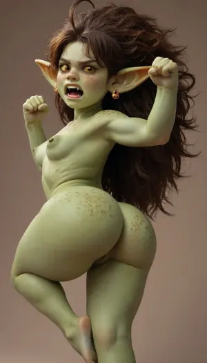 shrek, 1girl, ahoge, angry, big hair, body blush, (body freckles:1.2), breasts, brown hair, clenched hands, colored sclera, colored skin, completely nude, earrings, fangs, female goblin, fewer digits, freckles, freckles on ass, goblin, (green skin:1.3), hands up, jewelry, knee up, large areola, long hair, long pointy ears, looking at viewer, messy hair, nipples, nude, open mouth, orange eyes, pointy ears, (saggy pussy:1.1), cosplay, simple background, small breasts, solo, teeth, very long hair, yellow sclera, side view, (green skin:1), (green pussy:1), (green areola:1), (buble butt:1.2)