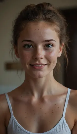 1 very cute girl, 21 years old, student, communist workers, very slim well build gymnastic body, fitness ass, sports legs, very lots of freckles face, very lots of freckles head, very lots of freckles body, sexy, beautifull, deeply seamless tanned, thigh gaps, shaved pussy, with a perfect face, detailed face, (detailed hair, light hairstyle:1.1), no makeup, oiled skin, horny face, cute smile, hypnotized eyes, perfect eyes, very cute summer dress.