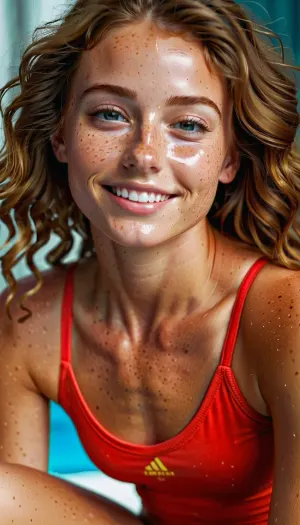 1 very cute girl, 21 years old, student, communist workers, very slim well build gymnastic body, fitness ass, sports legs, very lots of freckles face, very lots of freckles head, very lots of freckles body, sexy, beautifull, deeply seamless tanned, thigh gaps, shaved pussy, with a perfect face, detailed face, (detailed hair, light hairstyle:1.1), no makeup, oiled skin, horny face, cute smile, hypnotized eyes, perfect eyes, very cute summer dress.