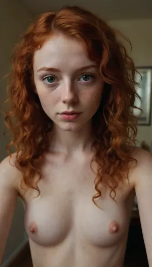 20 year old ginger girl, lots of freckles, light red hair, very curly hair, mullet, small upturned nose, thin lips, big eyes, skinny body, lanky body, thin, no bra, pointy nipples, pokey, amateur selfie, young girl, tight and firm, 18 years old girl, very slim girl, messy hair, Best quality, realistic, slim waist, nice perky tits, Looking at the camera, fresh face, shy look, hairy cunt, pale, very petite girl, very detailed, ((full body)), <lora:eGirls_XL_v1:.5>