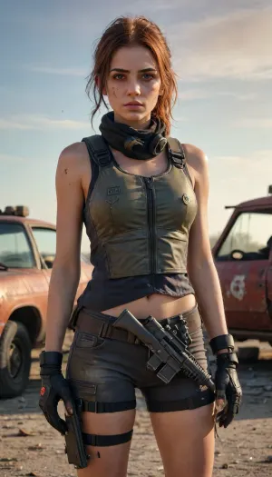 A post-apocalyptic gas station in the middle of a desolate wasteland, overgrown with weeds and covered in rust, broken pumps, shattered glass, bullet holes in walls, remnants of old cars abandoned nearby, a young woman in her mid-20s, wearing a tactical combat vest, armored gloves, a gas mask slung around her neck, and a modified rifle slung over her shoulder, she cautiously checks a fuel tank while scanning the surroundings with sharp, alert eyes, several zombie-like figures in torn clothes lurking in the background — decaying, slow-moving, but dangerous, dramatic lighting from a red-orange sunset casting long shadows, gritty atmosphere filled with dust and tension, hyper-detailed textures on metal, rust, skin, and fabric, cinematic style, high detail, photorealistic rendering, 8K quality, trending on ArtStation, dark survival mood, wasteland exploration vibe, 4ng3l, face, <lora:add-detail-xl:.9>, <lora:SDXL_BetterFaces-LoRA_v1:.8>