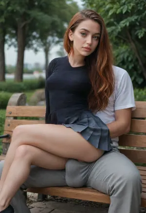 turkish slender 30 year old woman kneeing in front of a park bench, red pixie hair, fully dressed, innocent looking, long hair, almond-shaped eyes brown big eyes, (((wearing innocent pleated skirt))), white slip, (((tight shiny top))), small brest, full lips, small ass, puffy areola, swollen labia, spread labbia, camel toe, (((almond-shaped eyes))), very sweat skin, high forehead, pale skin, freckles face, back view, show back pussy, (((sitting on two old men´s lap with big bulge in gray trousers))), office shirt, (((touching bulge)))