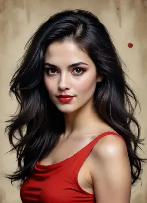 woman 35 yers old, Sketch painting. Old yellowed parchment, ink blots, bold black strokes, female, simple composition, striking usage of minimal red strokes. touching. kind eyes. elaborate hair. dark makeup. very long black curvy hair, short neck, beautiful smile