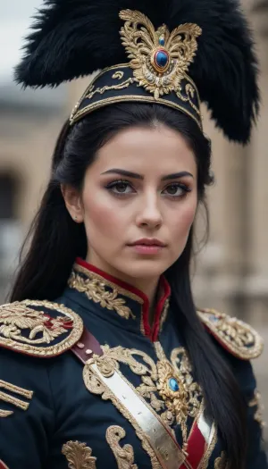 A girl dressed as a hussar, black hair