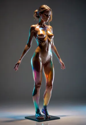 Naked transparent woman made of glass, glowing in various colors, full-length