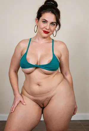 Lubica stepaunt, Mature, 50 years old, (oversized ssbbw:1.3), ., (Oversized thick thighs and oversized wide hips:1.5), green tight camisole. Short Brunette hair, thick ponytail. Wrinkles on face. Long eyelash. Big eyes, big lips, red lipstick. Tight highwaist shorts, cameltoe, fupa. hoop earrings. Seductive squatting, leaning over to the camera. Seductive smile., wide, hips, (cellulite:1.3), hard nipples