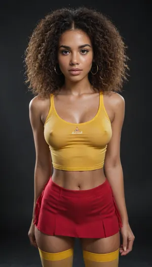 gorgeous woman, (34 years old:1.3), dark background, (tanned skin:1.3), perfect skin, extremely beautiful face, blush, freckles, full lips, thick lips, ultra high details, award winning photo, (natural medium breasts:1.3), hips, super waist, perfect anatomic body, erect nipples, thick eyelashes, long eyelashes, blushing, pink lips, glossy lips, attractive face, perfect nose, round cheeks, beautiful woman, sexy, model, pretty face, hyper realistic, perfect eyes, best detailed hair, red micromini skirt, yellow tight tanktop, yellow stockings, red g string