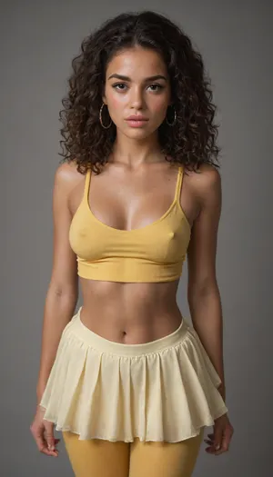 gorgeous woman, (34 years old:1.3), dark background, (tanned skin:1.3), perfect skin, extremely beautiful face, blush, freckles, full lips, thick lips, ultra high details, award winning photo, (natural medium breasts:1.3), hips, super waist, perfect anatomic body, erect nipples, thick eyelashes, long eyelashes, blushing, pink lips, glossy lips, attractive face, perfect nose, round cheeks, beautiful woman, sexy, model, pretty face, hyper realistic, perfect eyes, best detailed hair, red micromini skirt, yellow tight tanktop, yellow stockings, red g string