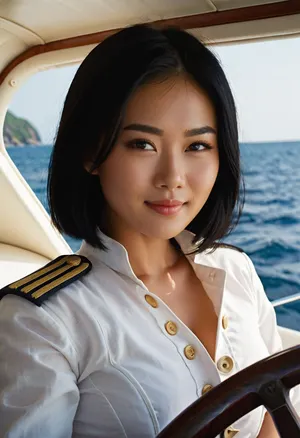 Super realistic image, full color image, 8K quality, super detail, masterpiece, sea, super sexy Asian girl, 20 years old, large firm breasts, short black hair, in white captain's tunic, top buttons undone, hands on the wheel, seductive smile, front view