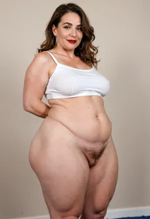 Lubica stepaunt, (chubby Mature:1.4), 50 years old, (Oversized thick thighs and oversized wide hips:1.5), white camisole. Dark Blonde hair, long hair. Wrinkles on face. Long eyelash. Big eyes, full lips, red lipstick. Gray Tight highwaist shorts, fupa. hoop earrings. Seductive squatting. Seductive smile., wide, hips, (cellulite:1.3), (saggy:1.4), (hairy:1.4)