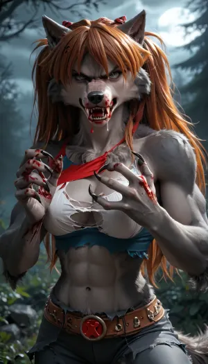 ((((Asuka Langley)))), solo, ((long claws)), no tail, ((athletic)), (((furry angry bad dark grey Werewolf skin:2))), (((torn dancer outfit))), big breasts, (((blood on the hands and blood dripping from the mouth))), outdoor night, score_9, score_8_up, score_7_up
