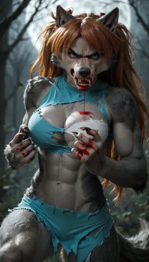 ((((Asuka Langley)))), solo, ((long claws)), no tail, ((athletic)), (((furry angry bad dark grey Werewolf skin:2))), (((torn dancer outfit))), big breasts, (((blood on the hands and blood dripping from the mouth))), outdoor night, score_9, score_8_up, score_7_up