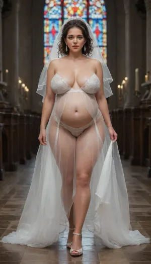 transparent wedding dress, pregnant 25 year old bride walking down the church aisle by herself, (Full term pregnancy:1.5), huge boobs, veil, gigantic boobs, curvy body