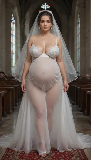 transparent wedding dress, pregnant 25 year old bride walking down the church aisle by herself, (Full term pregnancy:1.5), huge boobs, veil, gigantic boobs, curvy body