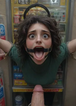 (girl is stuck with her hips in a round hole in a vending machine:1.5), (girl trapped in round hole with metal rim:1.4), (vending machine at night, slot for payment:1.2), (she is trapped in a round hole in the front of a vintage vending machine:1.3), (dark green turtleneck cashmere pullover:1.4), (wide mouth spreader ring gag:1.6), (leaning forward:1.4), (embarrassed, ashamed:1.2), (pleading expression:1.5), (fear and panic:1.5), (vintage vending machine:1.1), (box is low mounted, close to floor), (score_9, score_8_up, score_7_up, UHD 8K, masterpiece, best quality, maximum details, natural light, extreme realism, cinematic still), (she stares at erect penis in front of her face:1.6), (POV from above, she is looking up to viewer, submissive:1.5), (POV man standing and looking down, man stroking his big dick:1.1), (shackles around wrists), (arms restrained to wall:1.6), (arms left and right flat against the wall, multiple iron rings fixing her stretched arms against the wall:1.7), (POV standing man, looking down on her:1.2), (mouth wide open:1.3), (short curly hair, dark hair, curly bobcut:1.4), (iron rings restrain arms to vending machine:1.1), (arms spread eagle against wall), (free-standing vending machine:1.4)