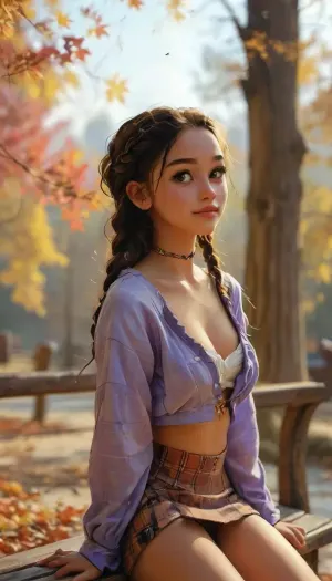 masterpiece, best quality, 1girl, katara, small tits, dark skin, dark skinned Islander, (dark skin:1), braid, jewelry, looking at viewer, candid fall photoshoot, purple plaid shirt, midriff, cleavage, short skirt, thigh socks, outside, Earth Kingdom, autumn, fall leaves, autumn colors, joyful, smiling, (blue eyes:.9), facing viewer, golden hour, sits on a bench, score_9, score_8_up, score_7_up, score_6_up, breasts, cutout, clothing, nipples, <lora:samdoesarts1.1-000030:.3>, <lora:2BoutOvalSDXL2-000002:.3>, <lora:Midjourney Image Enhancer XL v1:.8>, <lora:MJ52:.8>