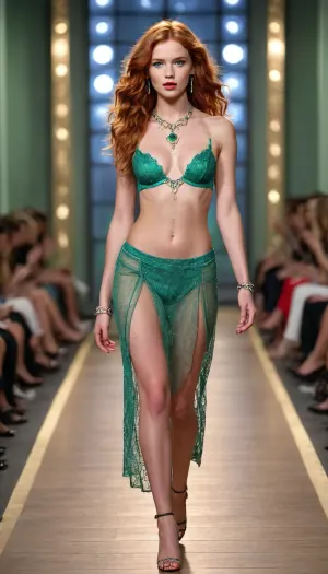 Full body view Victoria's Secret model on a catwalk 18-year-old redhead highschool girl model
Very long red ginger curly wavy hair Green eyes Carmine red lipstick Small breasts Jewelry, earrings, necklaces, ankle chains, belly chain Full body view