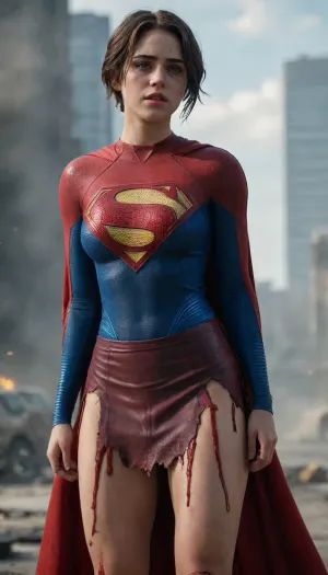 8k, best quality, real picture, intricate details, ultra-detailed, ultra highres, depth field, (photorealistic), (red skirt), (realistic:1.2), masterpiece, photo of european girl, supergirl, (bruise, dirty, torn clothes, revealing clothes, blood:1.3), blue eyes, ginger hair, hair, (ripped cape), ripped pantyhose, superhero, solo, sun, blue sky, cut on cheek, midriff, realistic, photorealistic, (intricate details:1.2), (delicate detailed), (cinematic light), clear line, sharp focus, realistic face, detailed face, unity 8k wallpaper, ultra high res, (bruised face), (photorealistic:1.4), looking at viewer, B3y3, cuts, fullbody, on, face, back, bleeding, blood, <lora:Supergirl:1>