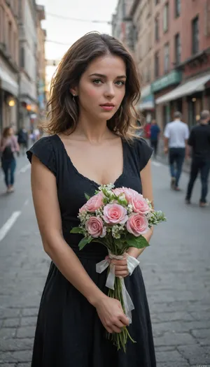 Close up of a A girl in a black tulle skirt holding pink peonies is walking down the street, with a misty rain and a background of an old European city. The photo adopts soft tones, wide-angle lenses, and bright lighting to create a romantic atmosphere. Her posture is graceful as she holds her large bouquet above her head. This scene embodies French romance and elegance in the style of Claude Monet.