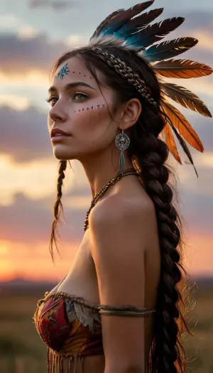 A photorealistic portrait of a stunning young Sioux Indian woman stands in the fading light of a dramatic sunset on the open prairie at dusk, her slender figure silhouetted against the vibrant sky. She wears a majestic, intricately designed headdress adorned with colorful feathers, its grandeur a testament to her status and beauty. Her face, aglow with a subtle, flirty smile, is set in a delicate, heart-shaped profile, with full lips painted with a subtle sheen of lip gloss. Her eyes, pools of deep crystal, sparkle with a knowing glint, their light glowing pupils seeming to pierce through the gathering darkness. A delicate, complex hairstyle frames her face, its intricate braids and twists a marvel of ancient craftsmanship. As she exhales, her skin takes on a warm, aroused sheen, as if infused with the fiery spirit of the land. In the soft focus of the fading light, her long shadows stretch out before her, like dark, ethereal fingers, while the night air seems to vibrate with an ancient, mystical energy. In this moment, she is a vision of timeless beauty, a true princess of the prairie, her spirit as wild and free as the land itself., (big tits), face close-up, darktattoo, <lora:add-detail-xl:.6>, <lora:diablo-tattoo-1119:.8>, <lora:MJ52:.5>